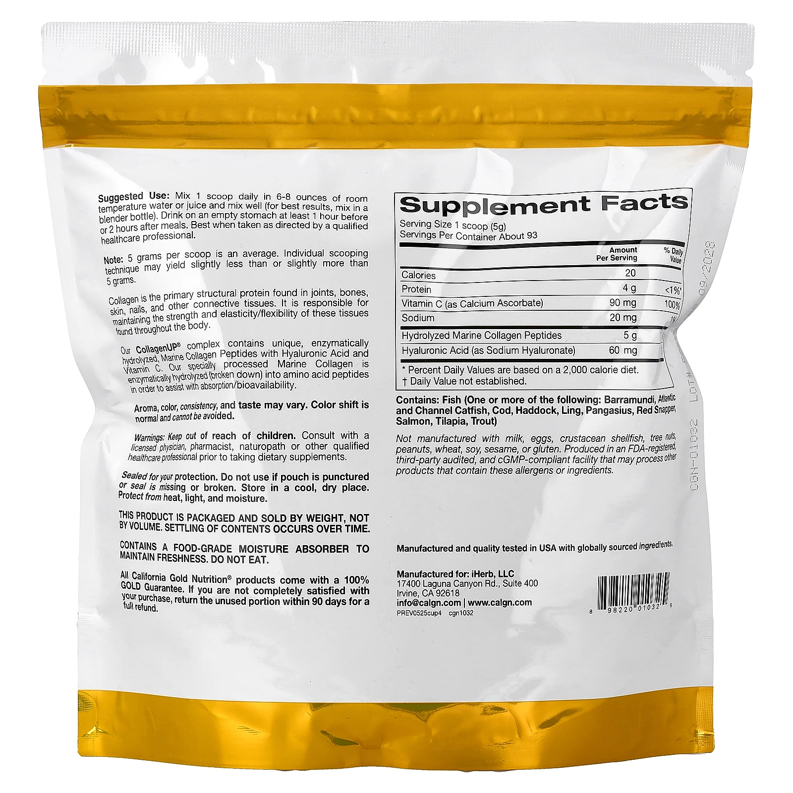 California Gold Nutrition, CollagenUP®, Hydrolyzed Marine Collagen Peptides with Hyaluronic Acid and Vitamin C, Unflavored, 1.02 lb (464 g) - Image 2