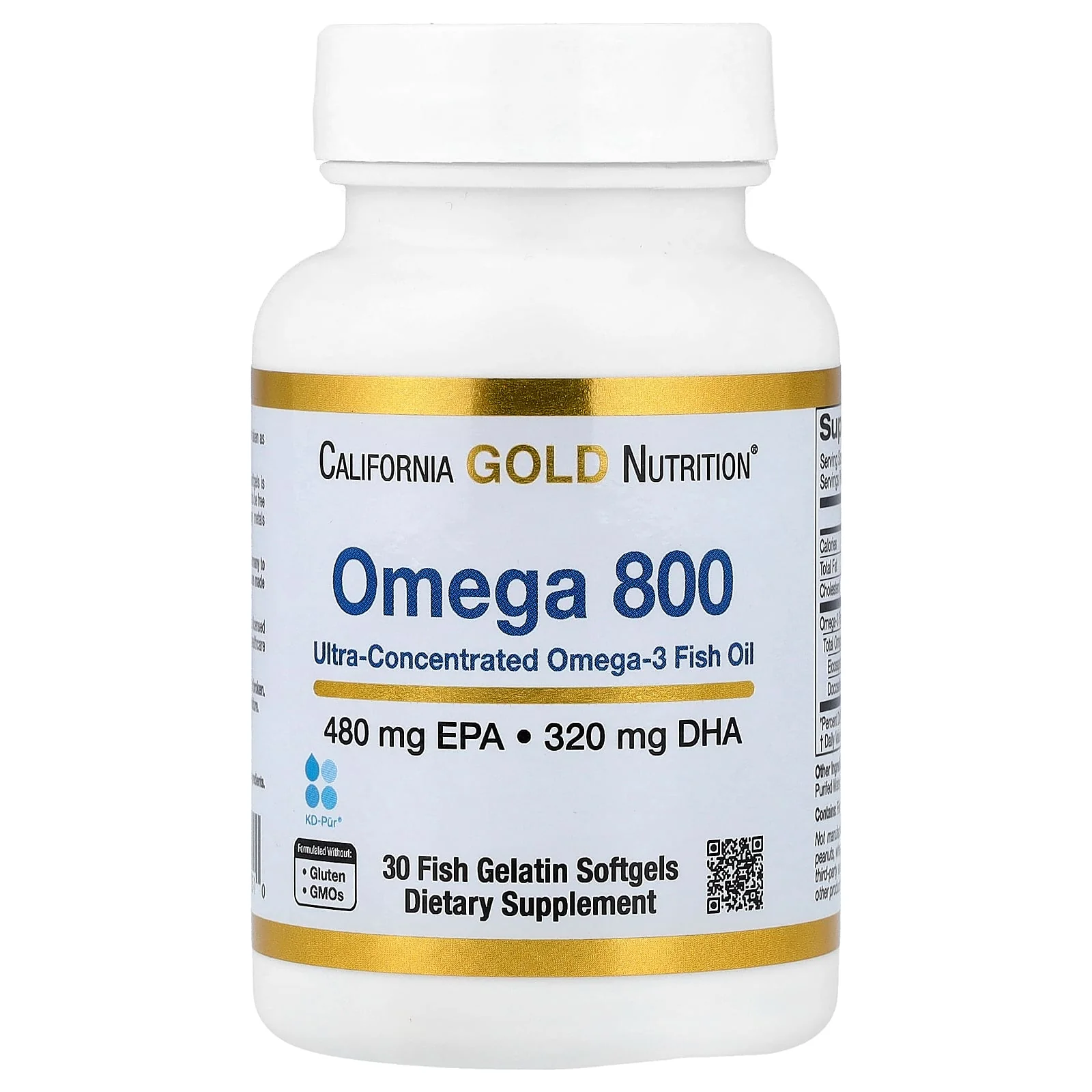 California Gold Nutrition, Omega 800 Ultra-Concentrated Omega-3 Fish Oil, kd-pur® Triglyceride Form, 30 Fish Gelatin Softgels (1,000 mg per Softgel)
